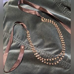 MARLYN SCHIFF double strand RIBBON TIE black SET CRYSTAL smoky stones NECKLACE